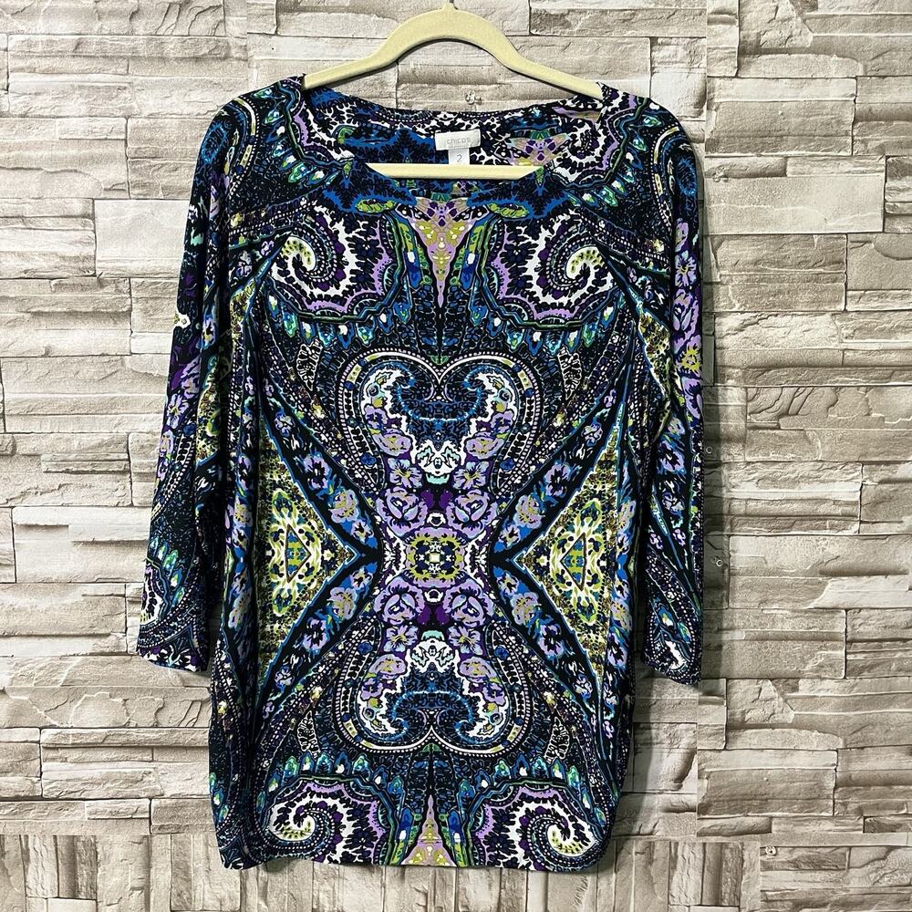 Chico's Size 2 (L/14) Boatneck Top Blue Purple Paisley Print 3/4 Sleeve Stretch